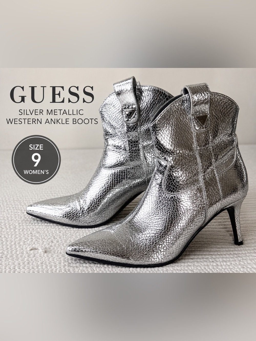 Guess Silver Metallic Western Ankle Boots Pointed Toe Heels Women’s 9